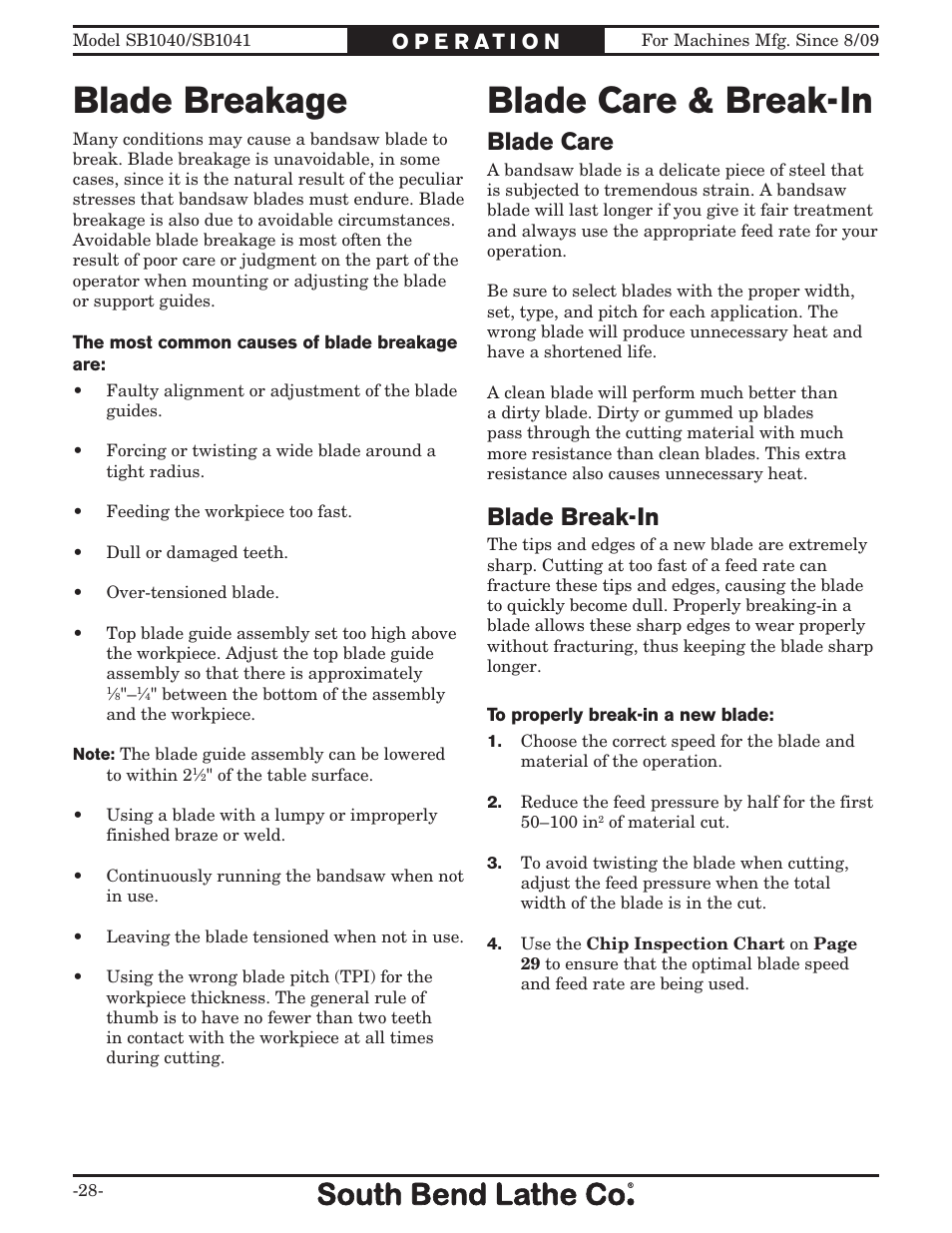 Blade breakage blade care & break-in, Blade care, Blade break-in | Southbend SB1041 User Manual | Page 30 / 72