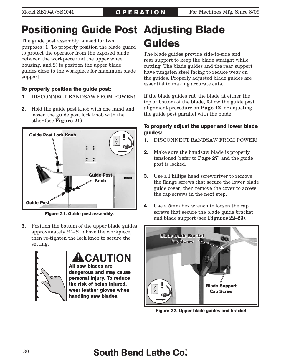 Positioning guide post, Adjusting blade guides | Southbend SB1041 User Manual | Page 32 / 72