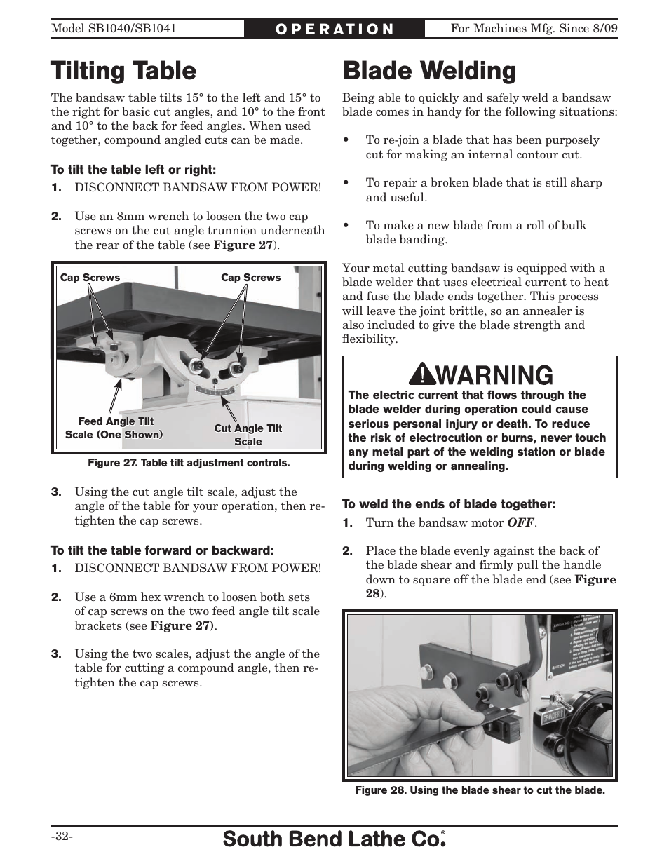 Tilting table, Blade welding | Southbend SB1041 User Manual | Page 34 / 72