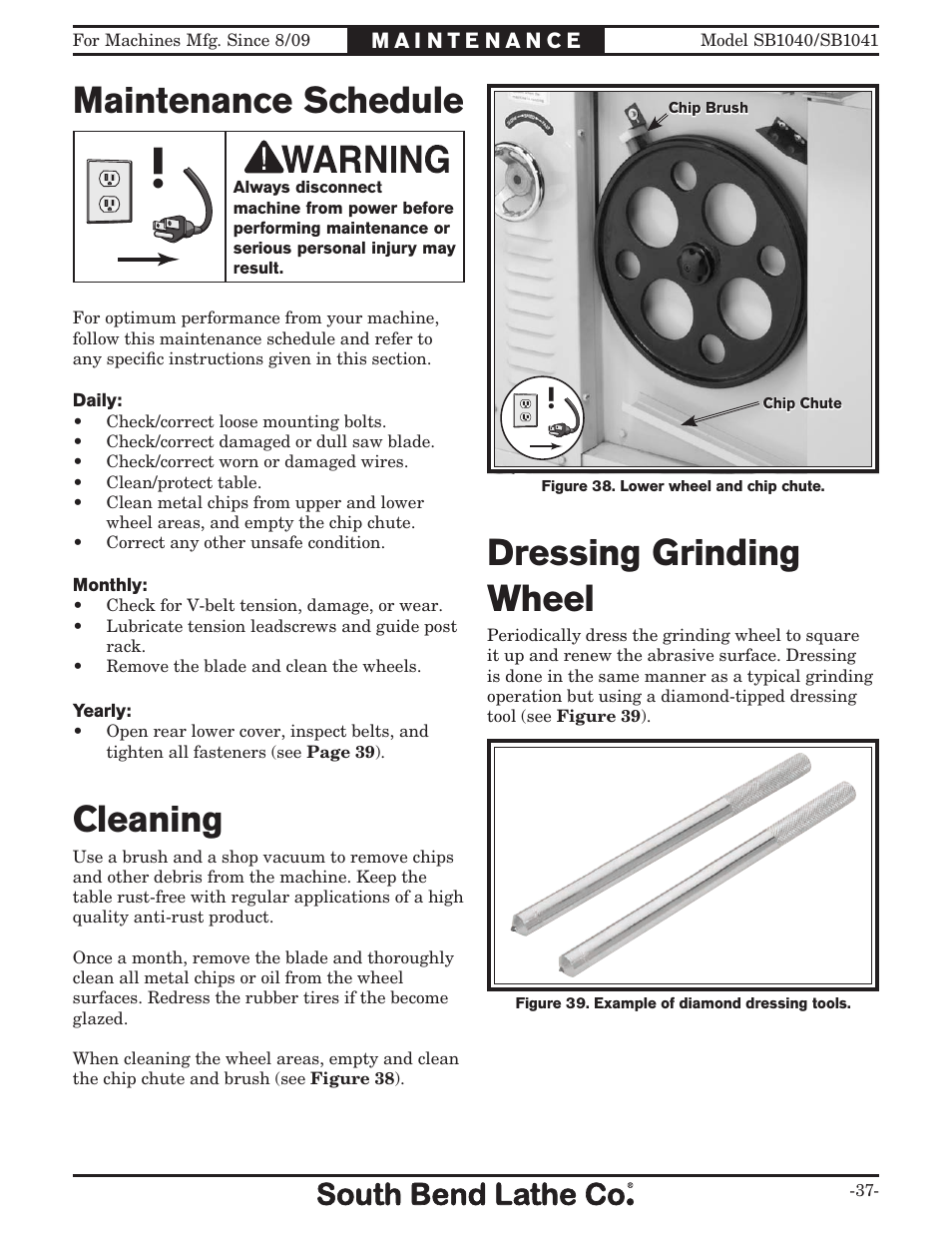 Maintenance schedule, Cleaning, Dressing grinding wheel | Southbend SB1041 User Manual | Page 39 / 72