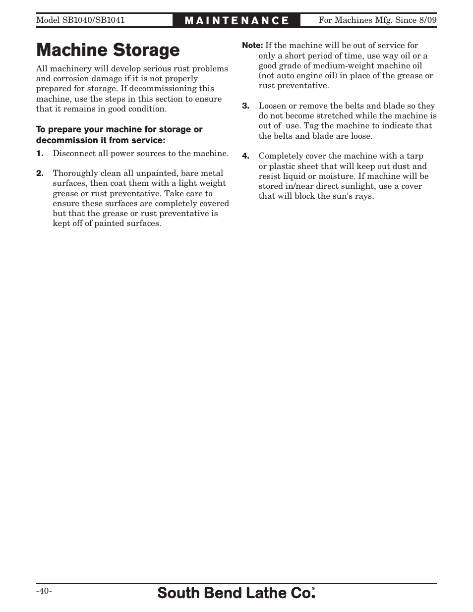 Machine storage | Southbend SB1041 User Manual | Page 42 / 72