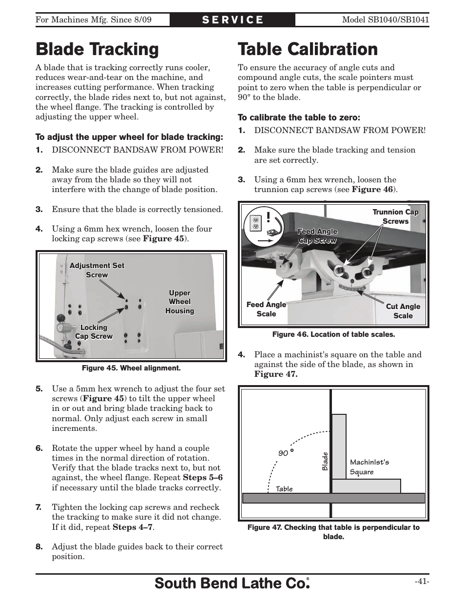Blade tracking, Table calibration | Southbend SB1041 User Manual | Page 43 / 72