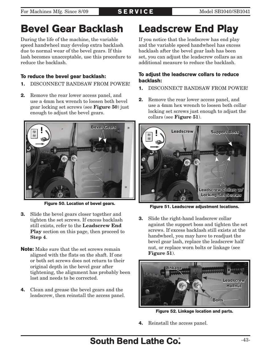 Bevel gear backlash, Leadscrew end play | Southbend SB1041 User Manual | Page 45 / 72