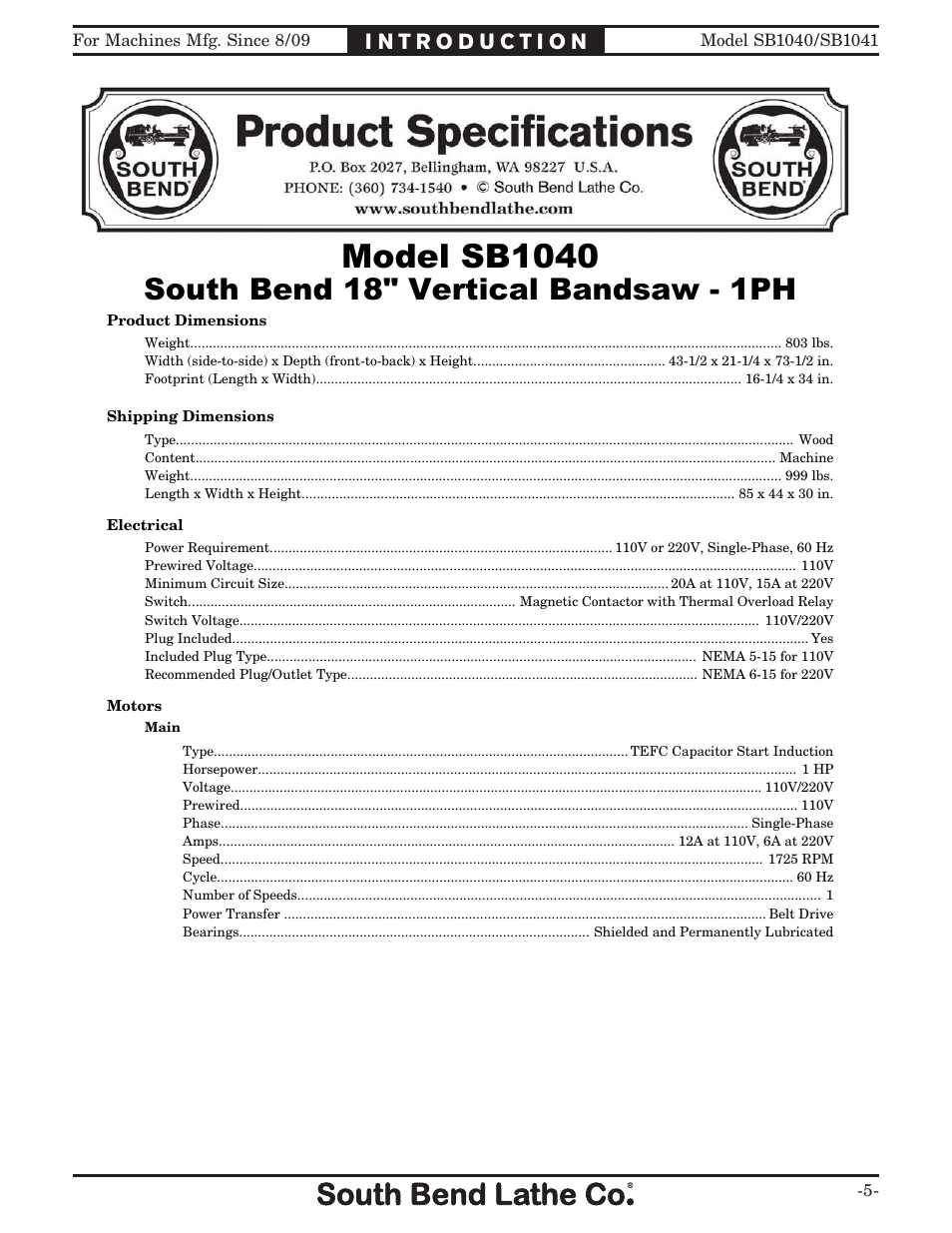 Machine speciﬁcations, 0rgho 6, 6rxwk %hqg  9huwlfdo %dqgvdz  3 | Southbend SB1041 User Manual | Page 7 / 72