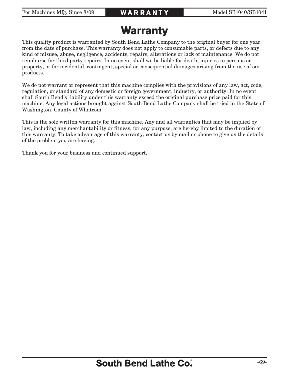 Warranty | Southbend SB1041 User Manual | Page 71 / 72
