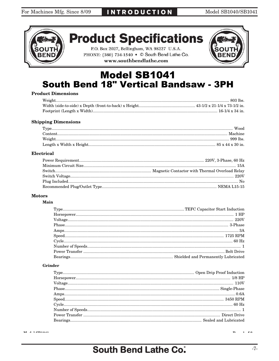 0rgho 6, 6rxwk %hqg  9huwlfdo %dqgvdz  3 | Southbend SB1041 User Manual | Page 9 / 72