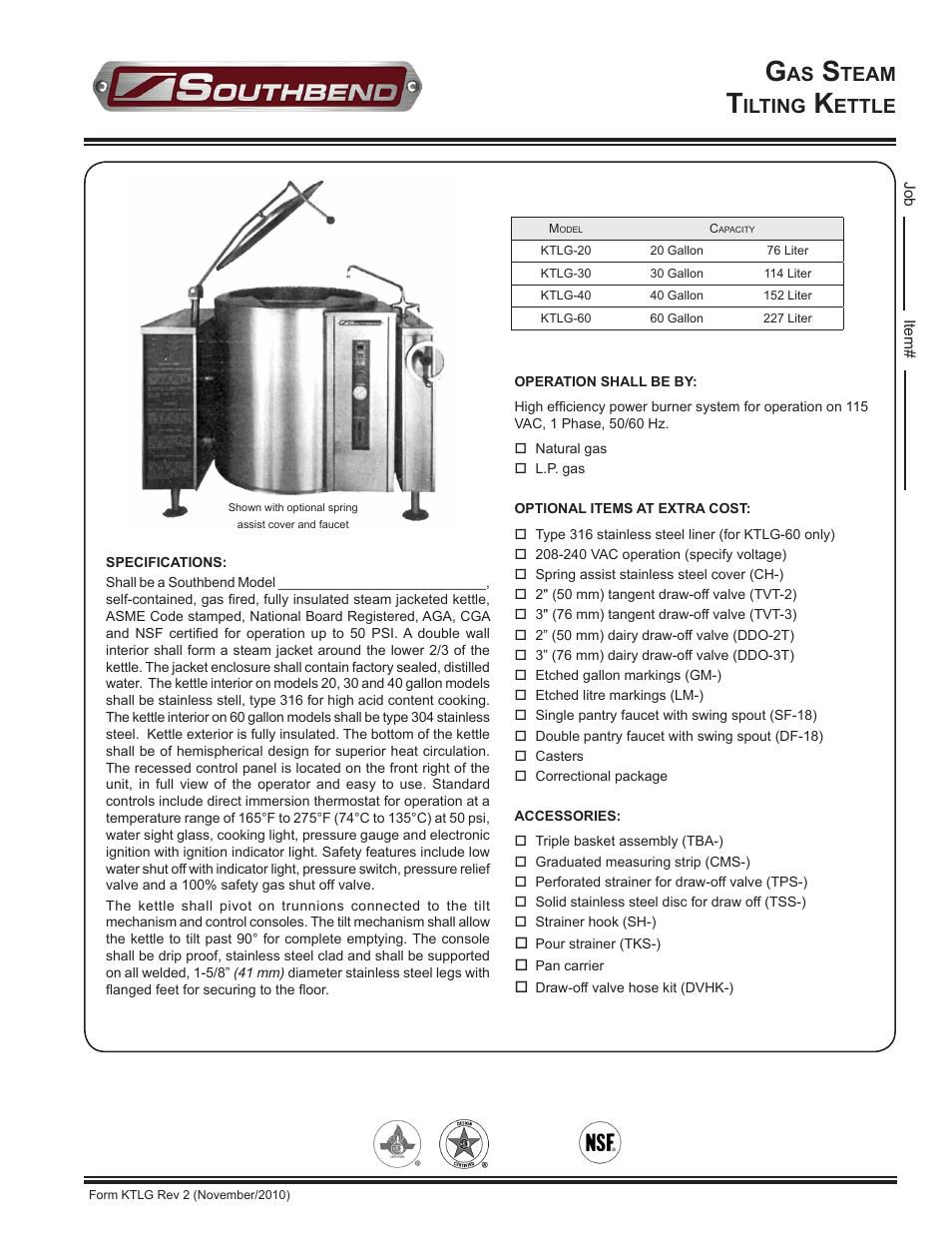 Southbend KTLG-20 User Manual | 2 pages