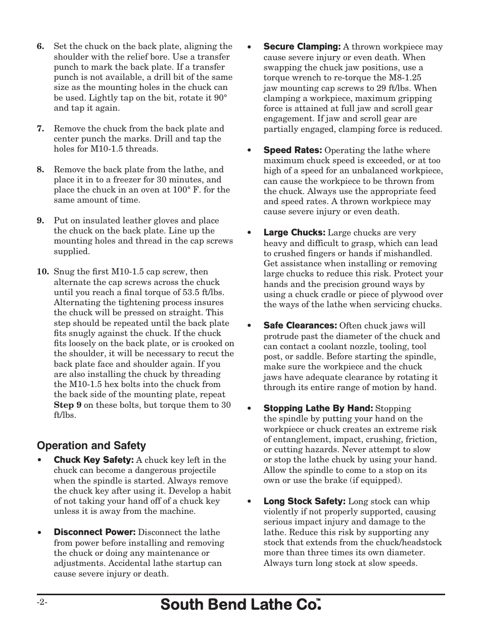 Operation and safety | Southbend SB1307 User Manual | Page 2 / 4