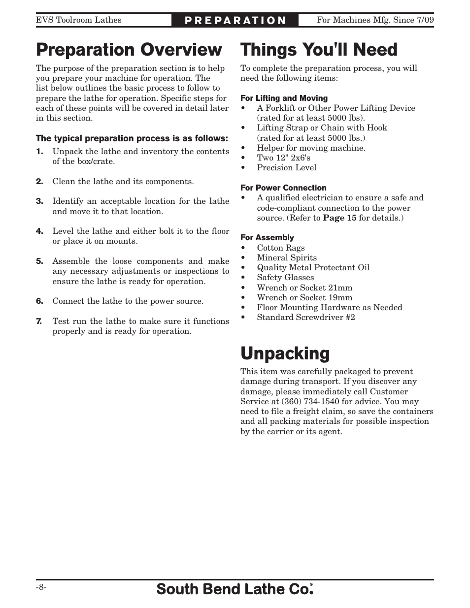Preparation overview things you'll need, Unpacking | Southbend EVS Toolroom s SB1012 User Manual | Page 10 / 144