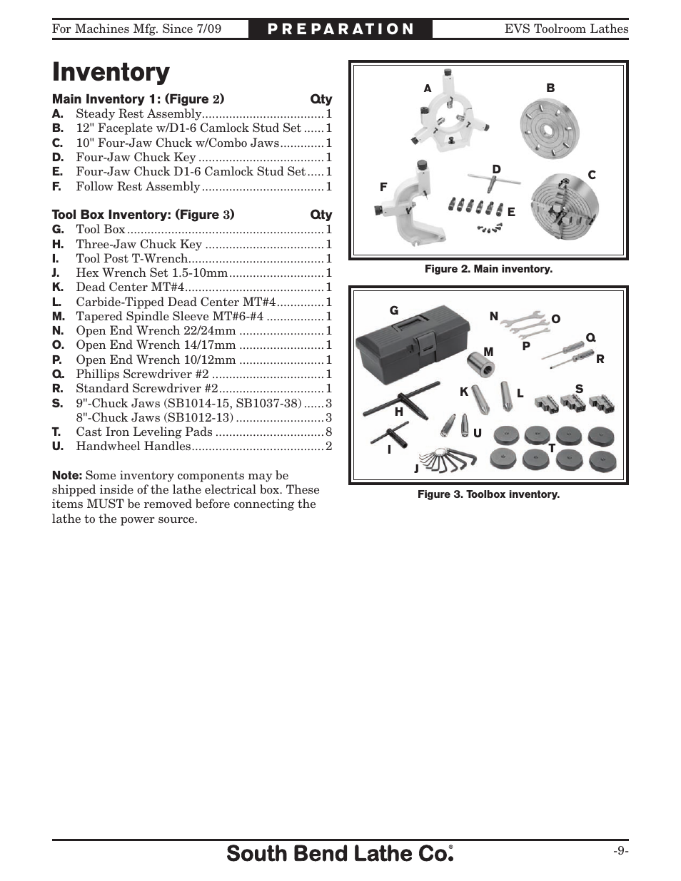 Inventory | Southbend EVS Toolroom s SB1012 User Manual | Page 11 / 144