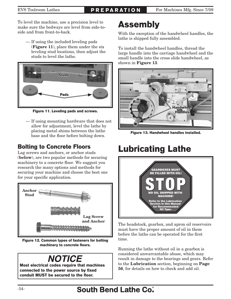 Assembly, Lubricating lathe, Bolting to concrete floors | Southbend EVS Toolroom s SB1012 User Manual | Page 16 / 144