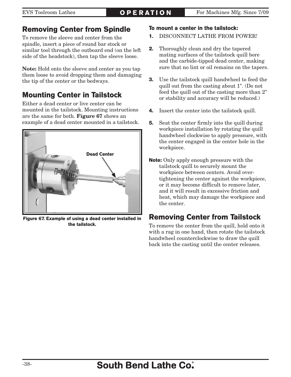 Mounting center in tailstock, Removing center from spindle, Removing center from tailstock | Southbend EVS Toolroom s SB1012 User Manual | Page 40 / 144