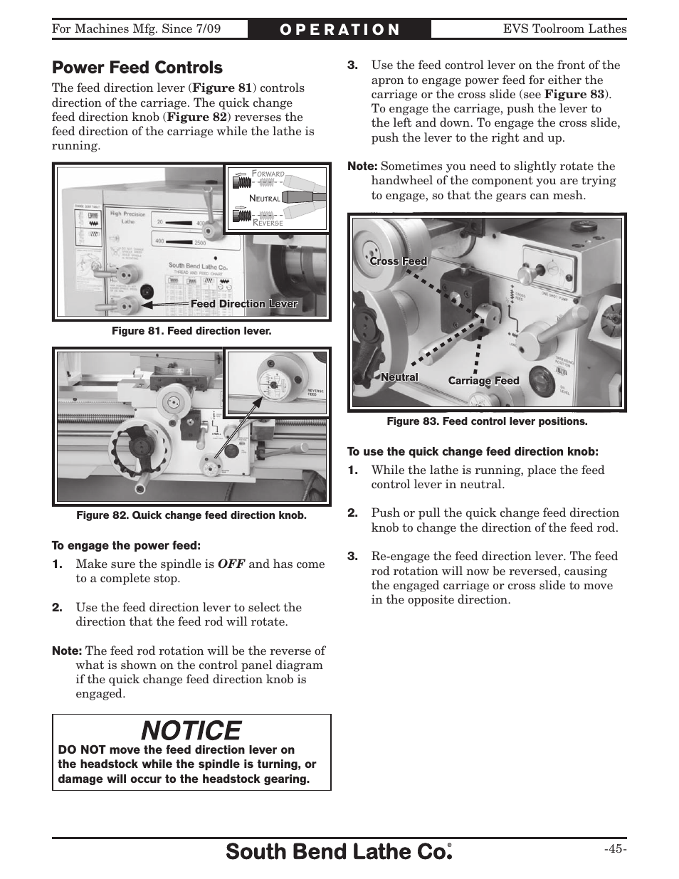 Power feed controls | Southbend EVS Toolroom s SB1012 User Manual | Page 47 / 144