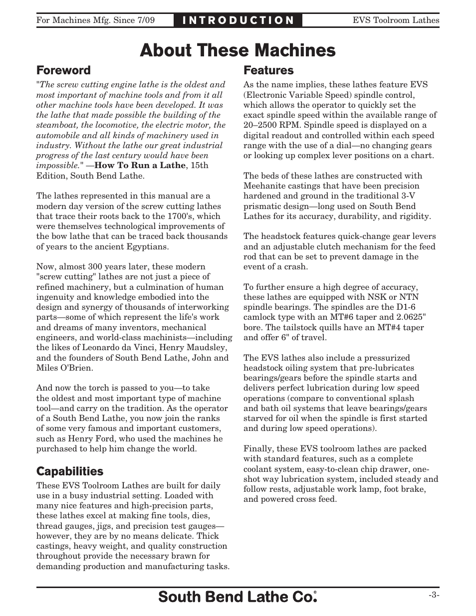 About these machines, Foreword, Features | Capabilities | Southbend EVS Toolroom s SB1012 User Manual | Page 5 / 144