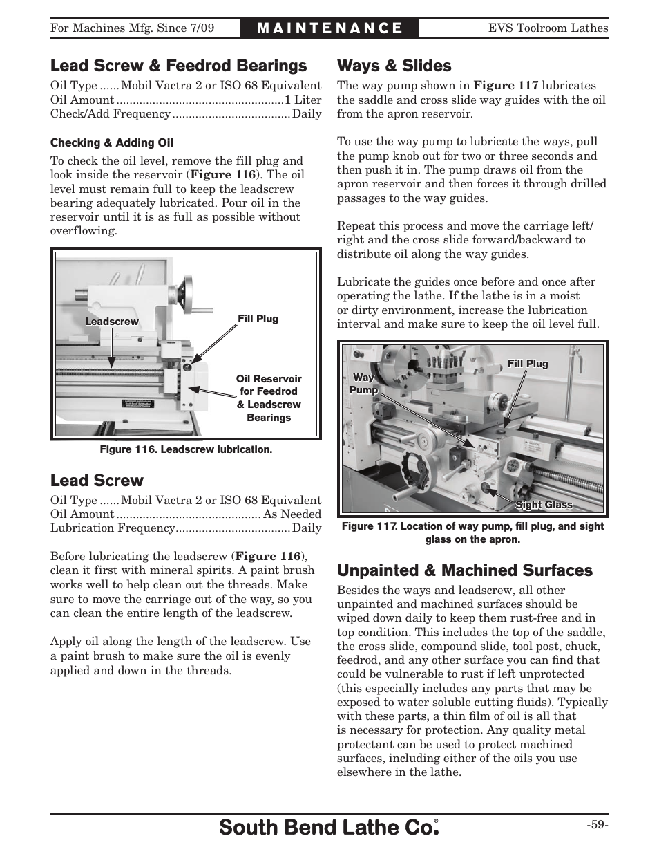 Ways & slides, Lead screw, Lead screw & feedrod bearings | Unpainted & machined surfaces | Southbend EVS Toolroom s SB1012 User Manual | Page 61 / 144