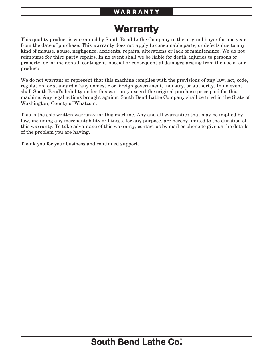Warranty | Southbend EVS Toolroom s SB1012 User Manual | Page 79 / 144