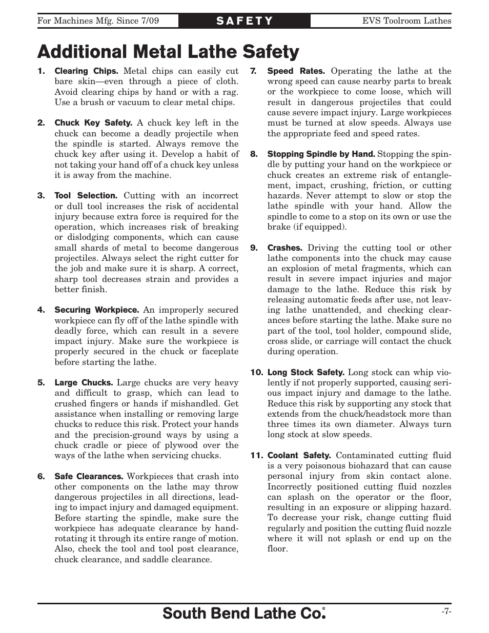 Additional metal lathe safety | Southbend EVS Toolroom s SB1012 User Manual | Page 9 / 144