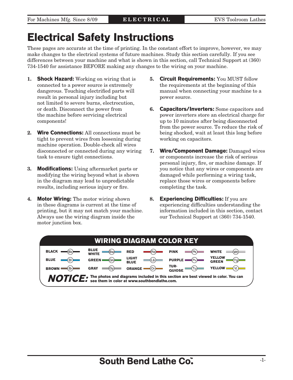 Electrical safety instructions, Notice, Wiring diagram color key | Southbend EVS Toolroom s SB1012 User Manual | Page 91 / 144