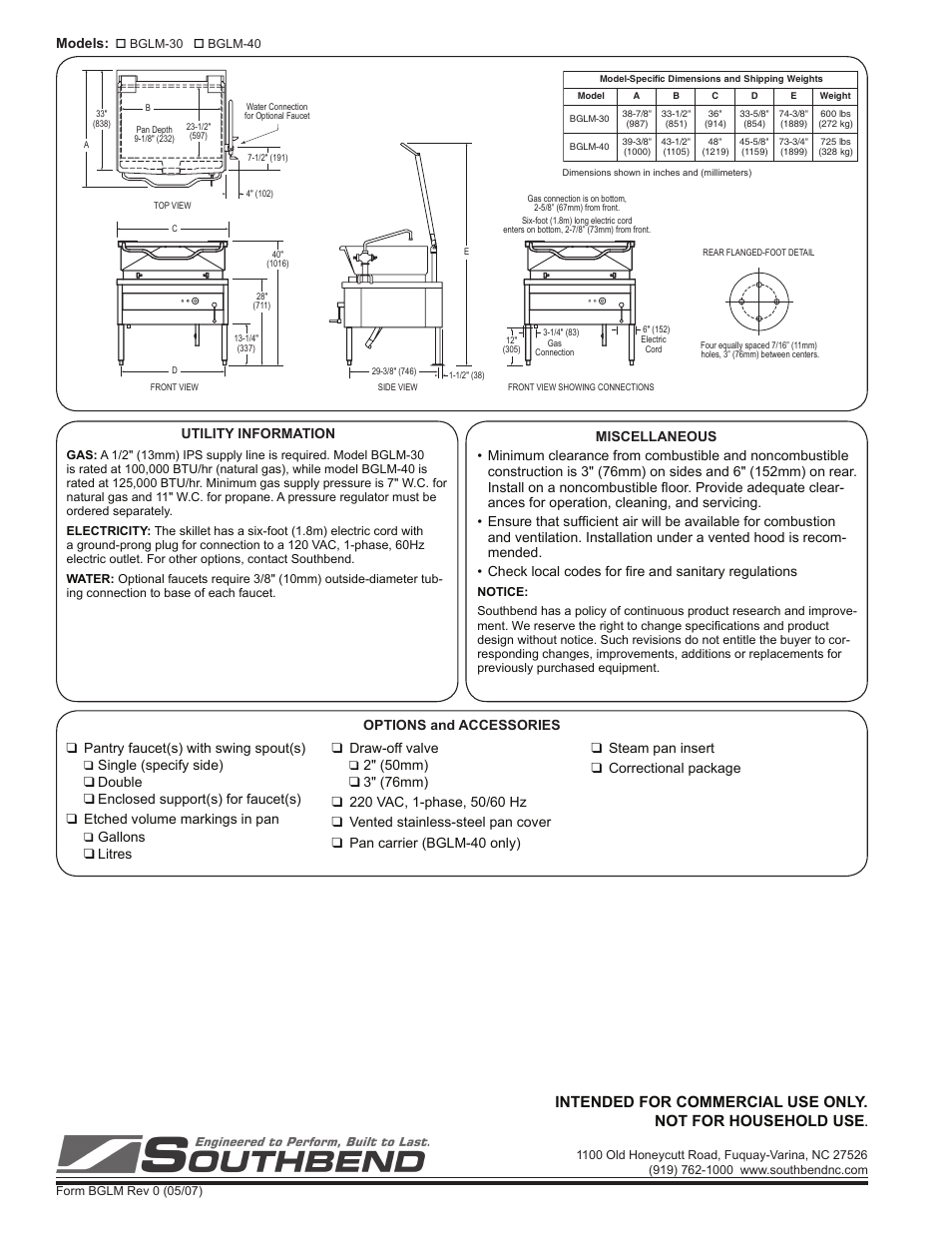 Models, Pantry faucet(s) with swing spout(s), Gallons  litres  draw-off valve | Steam pan insert  correctional package | Southbend BGLM-30 User Manual | Page 2 / 2