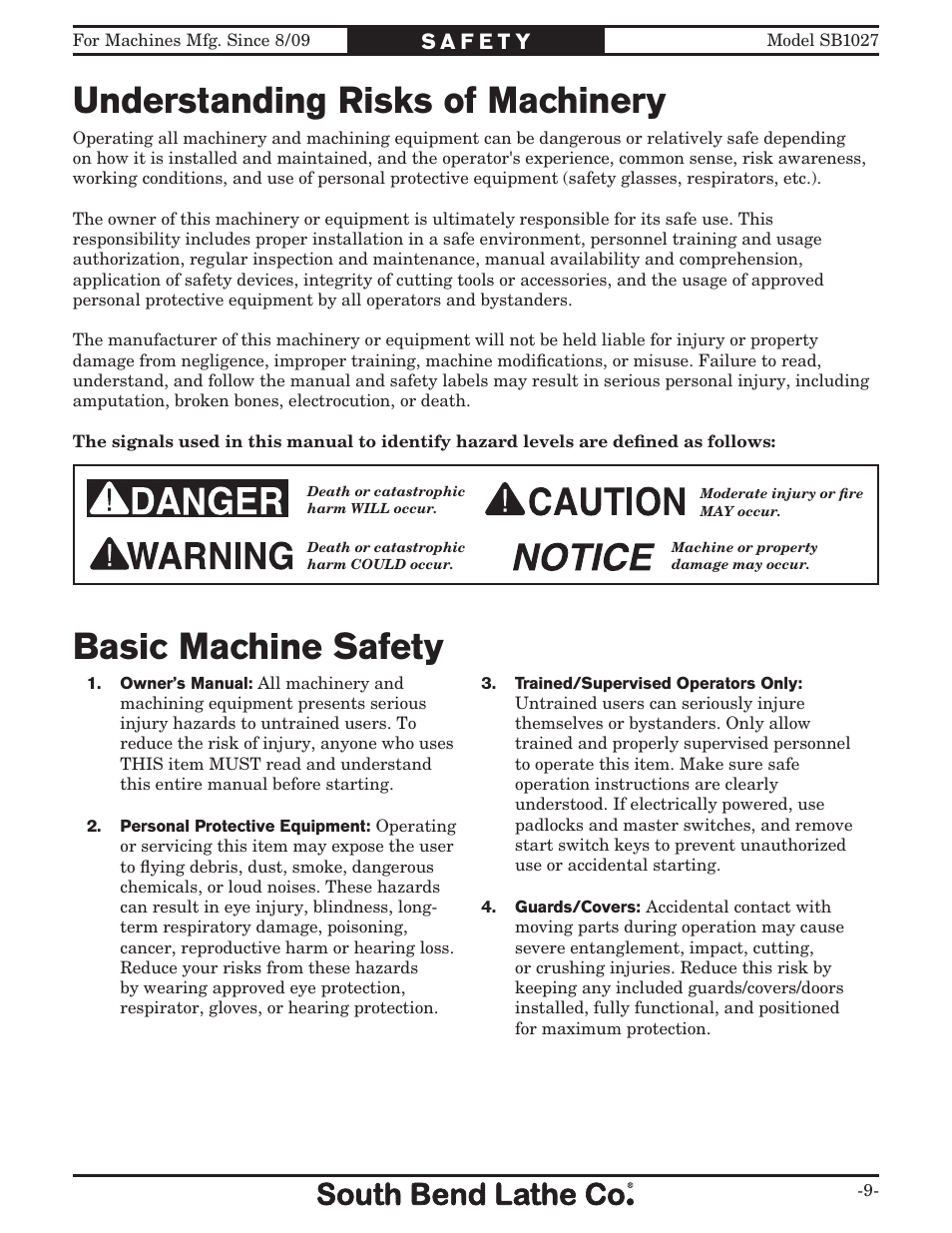 Understanding risks of machinery, Basic machine safety | Southbend South Bend SB1027 User Manual | Page 11 / 84