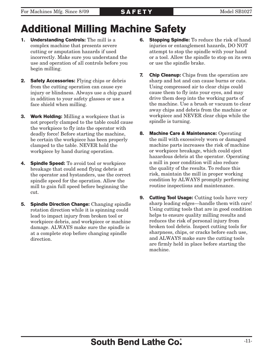 Additional milling machine safety | Southbend South Bend SB1027 User Manual | Page 13 / 84