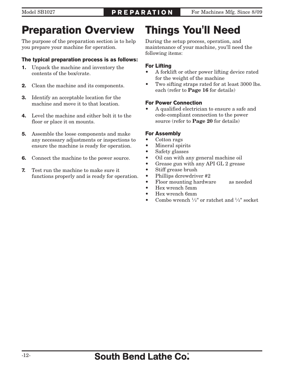 Preparation overview things you'll need | Southbend South Bend SB1027 User Manual | Page 14 / 84