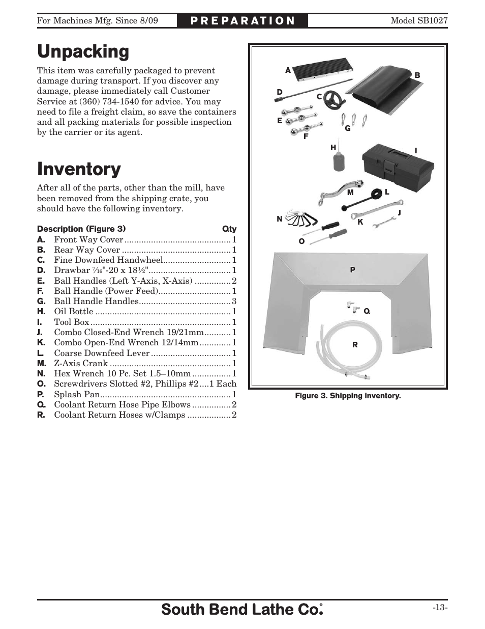 Unpacking, Inventory | Southbend South Bend SB1027 User Manual | Page 15 / 84