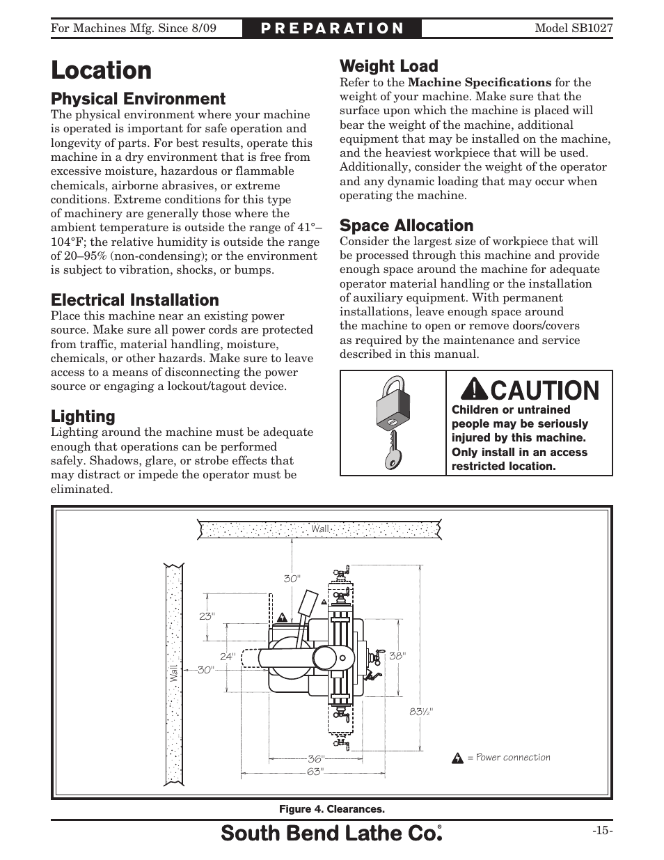 Location, Weight load, Space allocation | Physical environment, Electrical installation, Lighting | Southbend South Bend SB1027 User Manual | Page 17 / 84