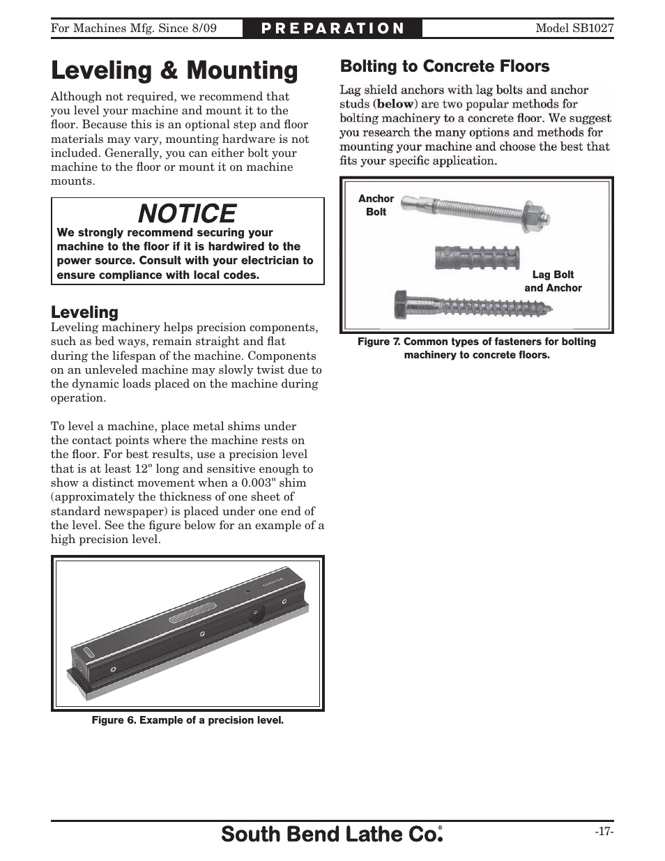 Leveling & mounting, Bolting to concrete floors, Leveling | Southbend South Bend SB1027 User Manual | Page 19 / 84