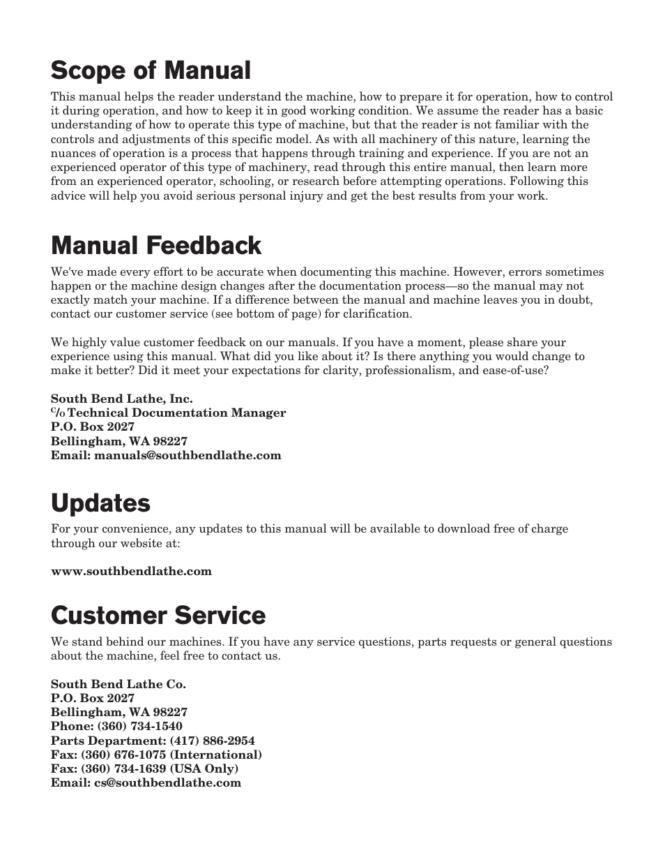 Customer service, Updates, Scope of manual | Manual feedback | Southbend South Bend SB1027 User Manual | Page 2 / 84