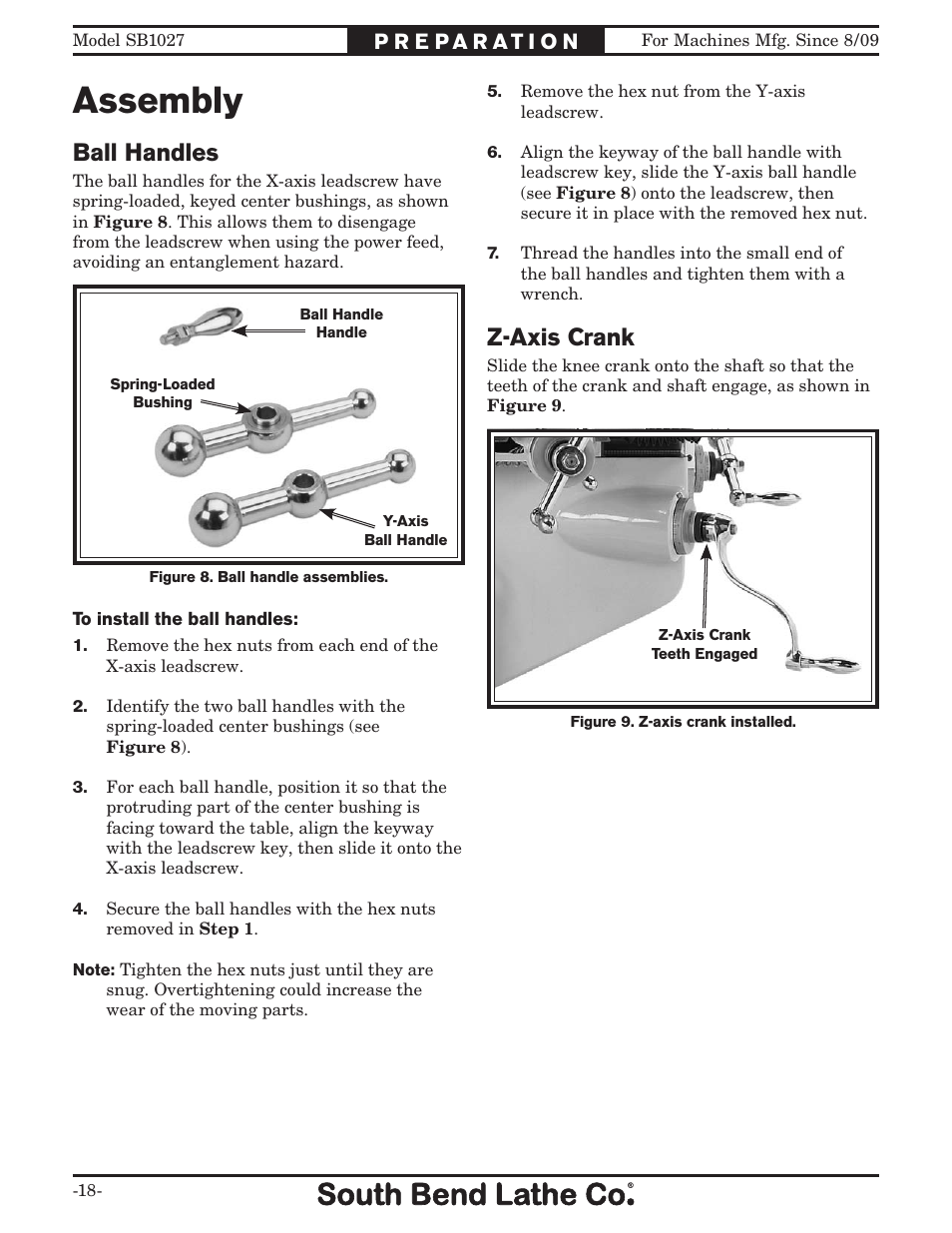 Assembly, Ball handles, Z-axis crank | Southbend South Bend SB1027 User Manual | Page 20 / 84