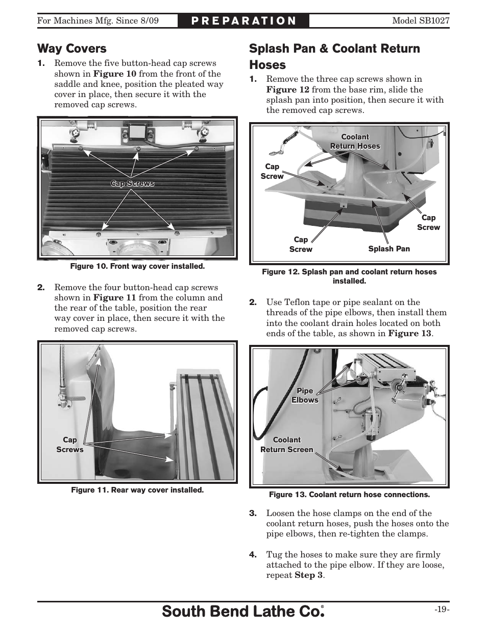 Way covers, Splash pan & coolant return hoses | Southbend South Bend SB1027 User Manual | Page 21 / 84