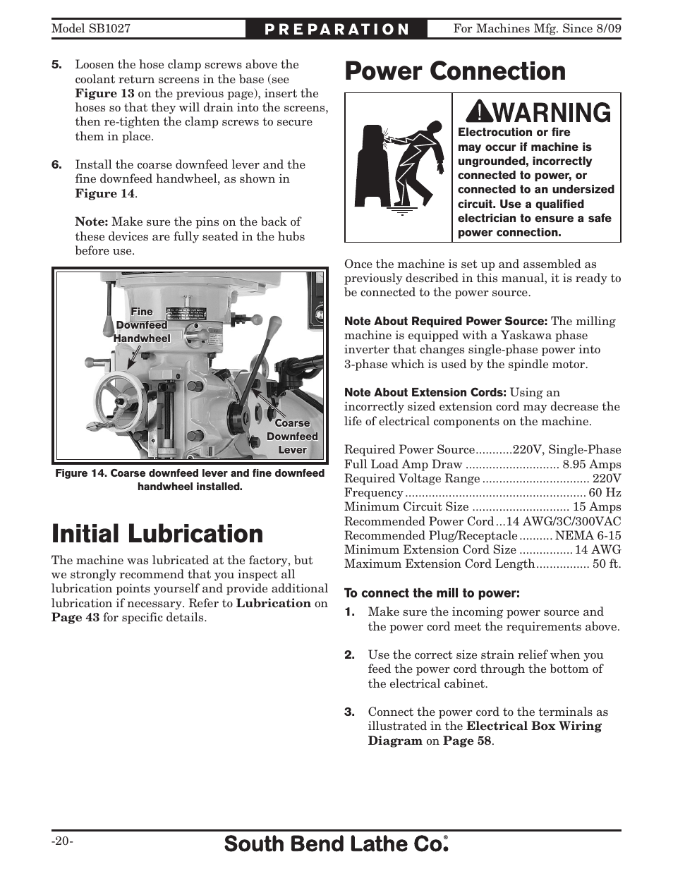 Initial lubrication power connection | Southbend South Bend SB1027 User Manual | Page 22 / 84