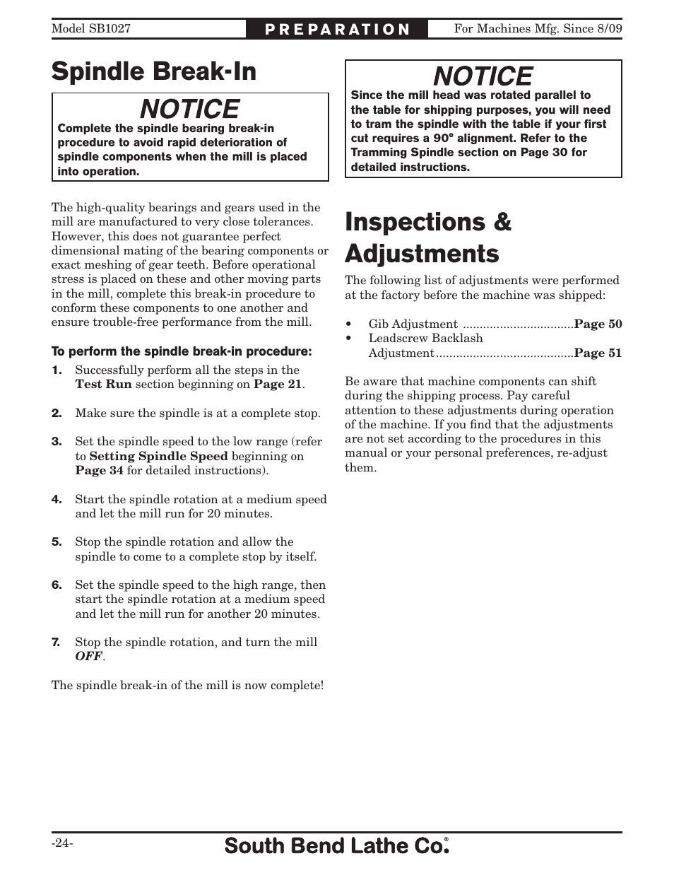 Inspections & adjustments, Spindle break-in | Southbend South Bend SB1027 User Manual | Page 26 / 84