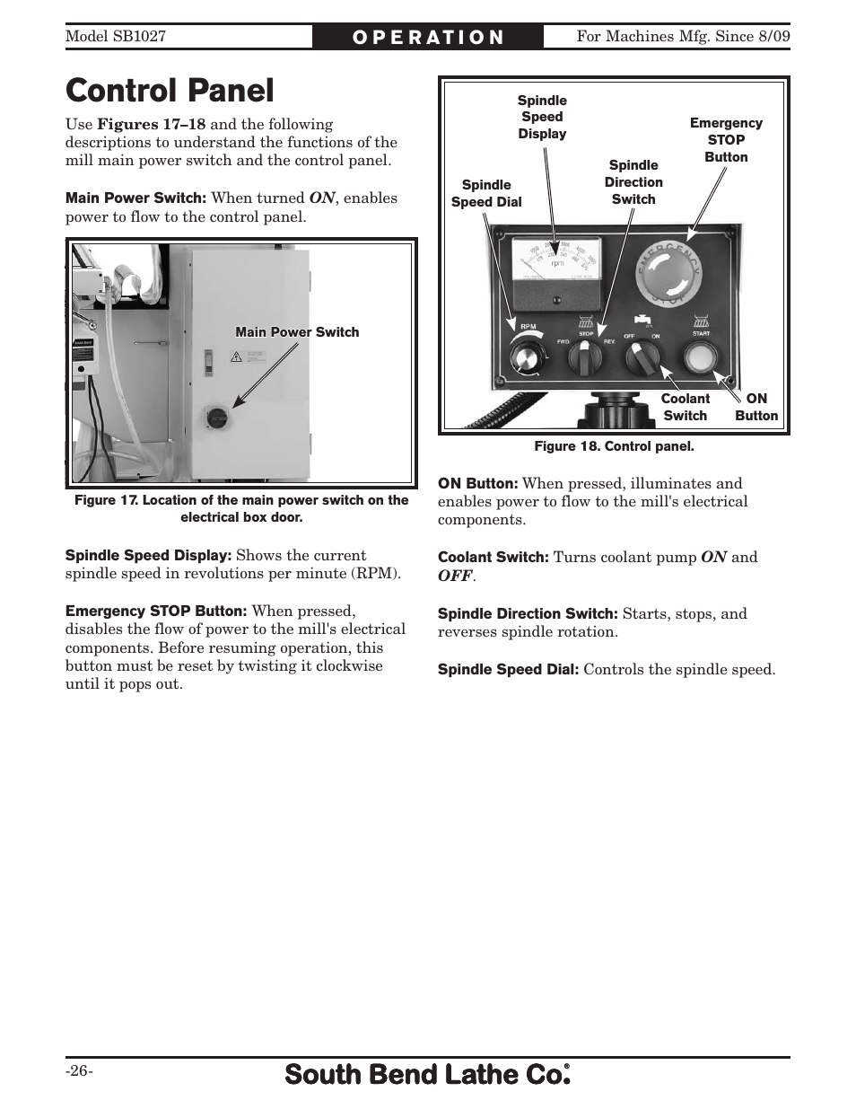 Control panel | Southbend South Bend SB1027 User Manual | Page 28 / 84