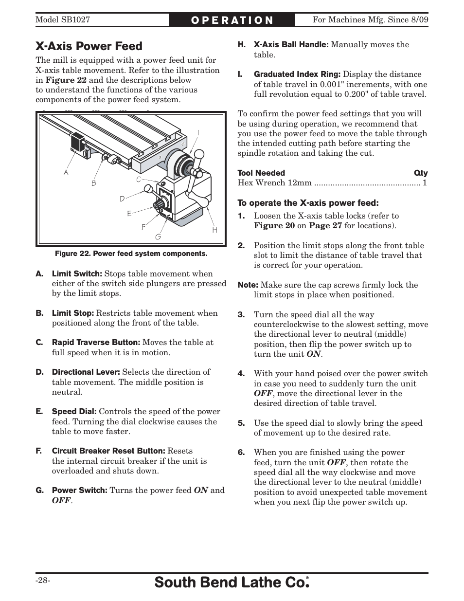 X-axis power feed | Southbend South Bend SB1027 User Manual | Page 30 / 84