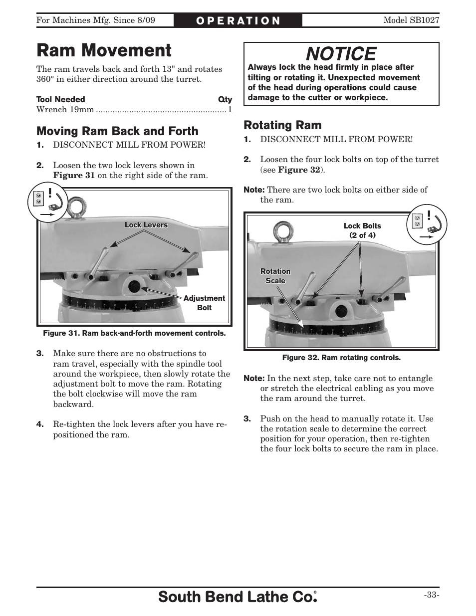 Ram movement, Moving ram back and forth, Rotating ram | Southbend South Bend SB1027 User Manual | Page 35 / 84