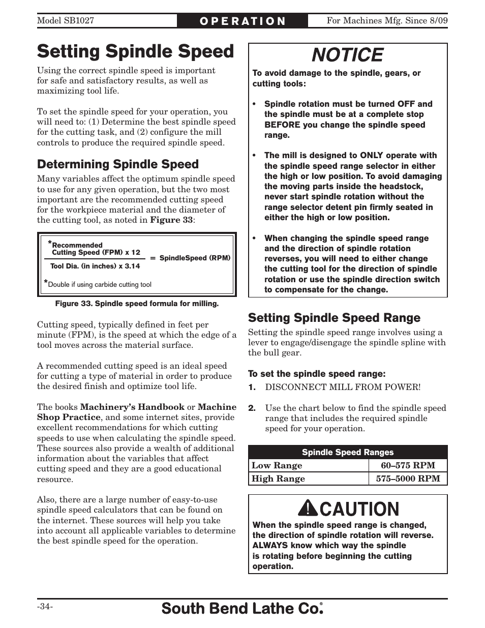 Setting spindle speed, Setting spindle speed range, Determining spindle speed | Southbend South Bend SB1027 User Manual | Page 36 / 84