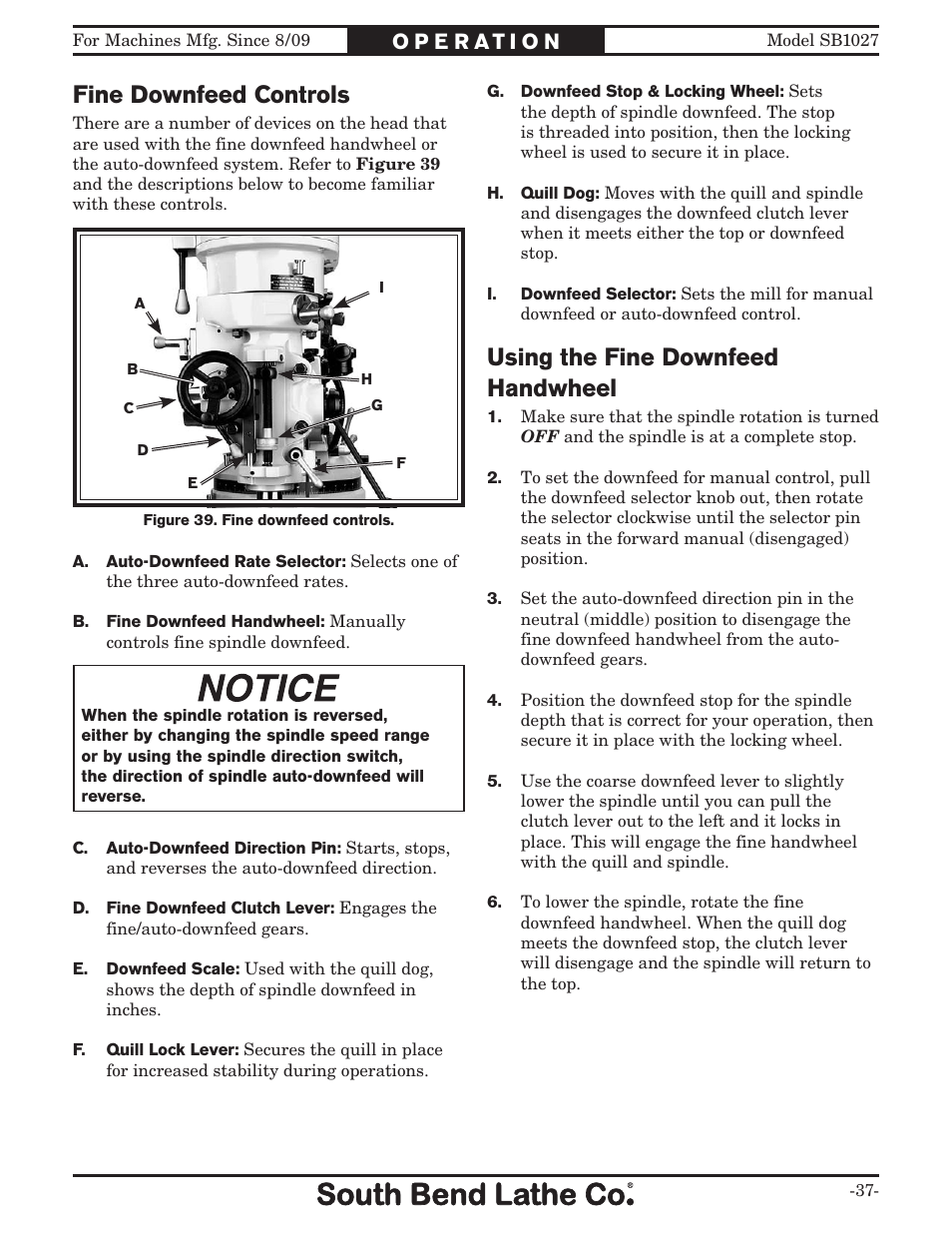 Fine downfeed controls, Using the fine downfeed handwheel | Southbend South Bend SB1027 User Manual | Page 39 / 84