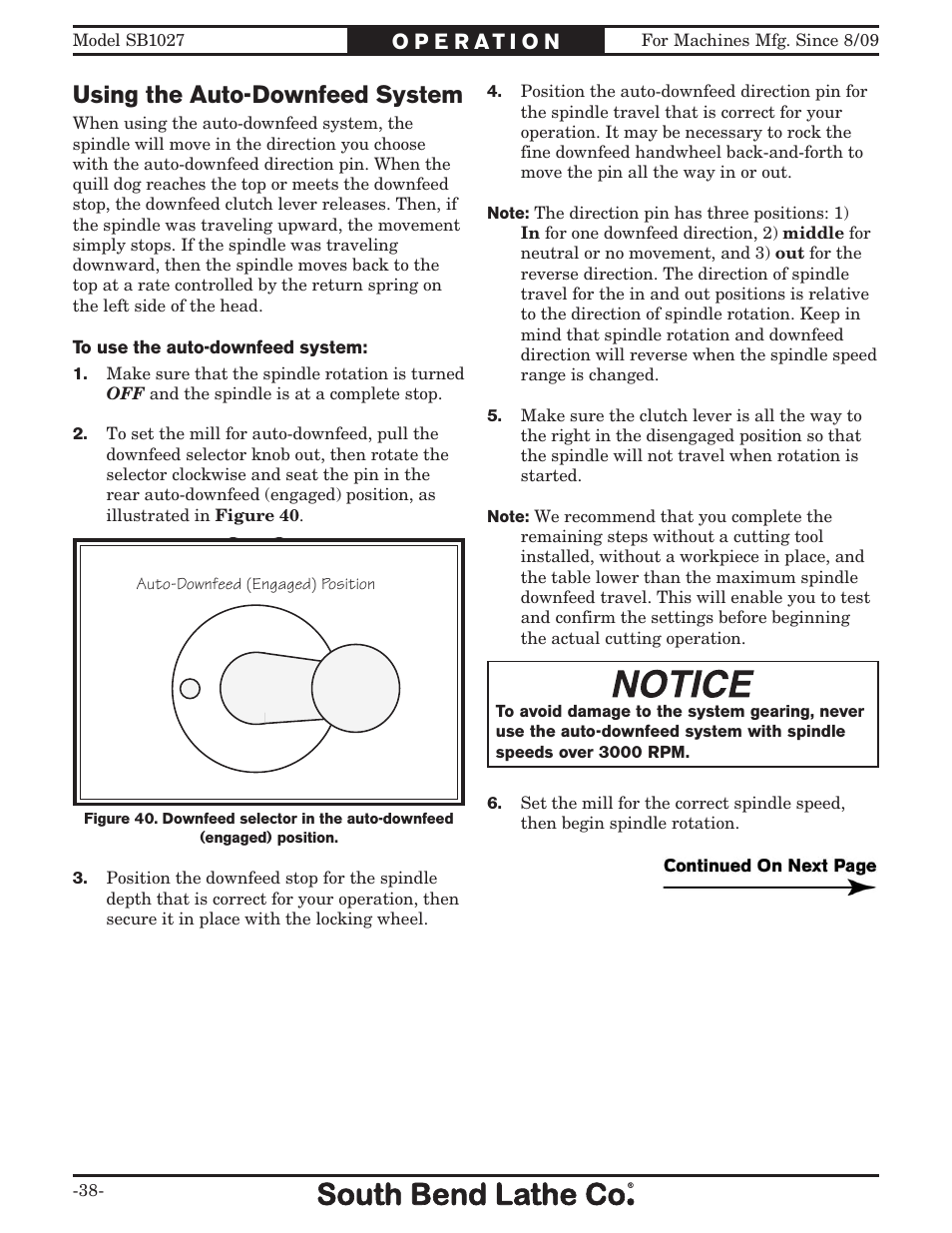 Using the auto-downfeed system | Southbend South Bend SB1027 User Manual | Page 40 / 84