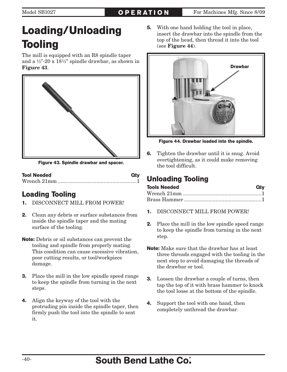 Loading/unloading tooling, Loading tooling, Unloading tooling | Southbend South Bend SB1027 User Manual | Page 42 / 84