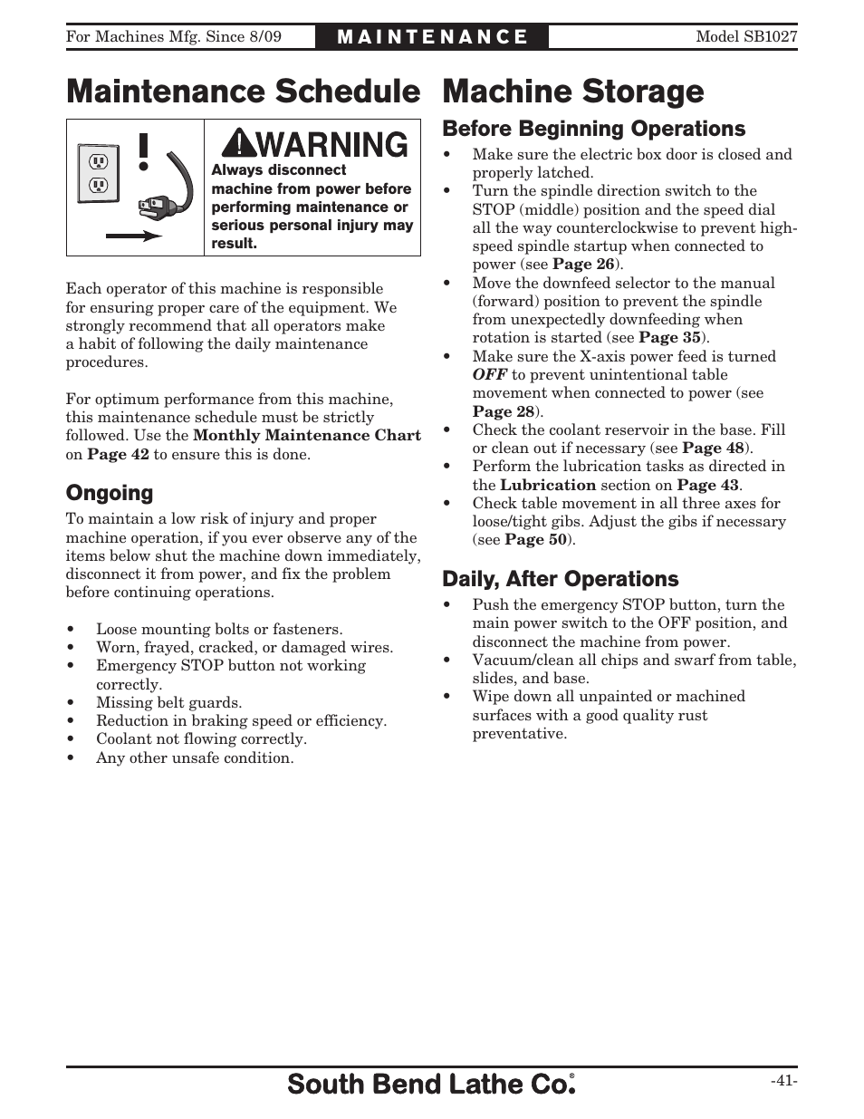 Maintenance schedule, Machine storage, Ongoing | Before beginning operations, Daily, after operations | Southbend South Bend SB1027 User Manual | Page 43 / 84