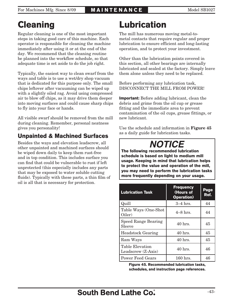 Lubrication, Cleaning, Unpainted & machined surfaces | Southbend South Bend SB1027 User Manual | Page 45 / 84