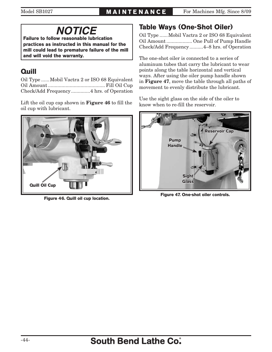 Table ways (one-shot oiler), Quill | Southbend South Bend SB1027 User Manual | Page 46 / 84