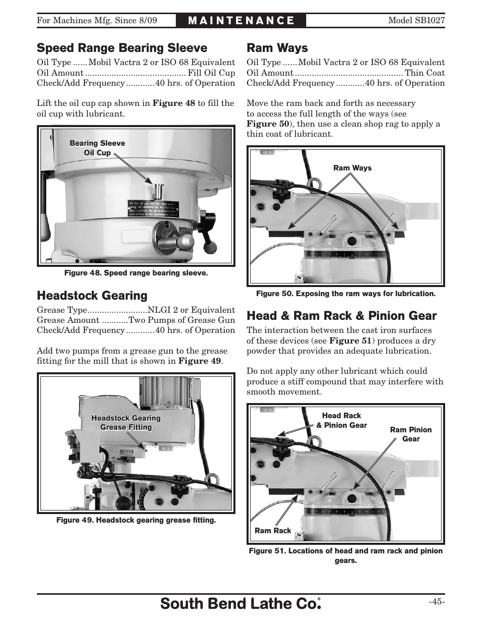 Speed range bearing sleeve, Headstock gearing, Ram ways | Head & ram rack & pinion gear | Southbend South Bend SB1027 User Manual | Page 47 / 84