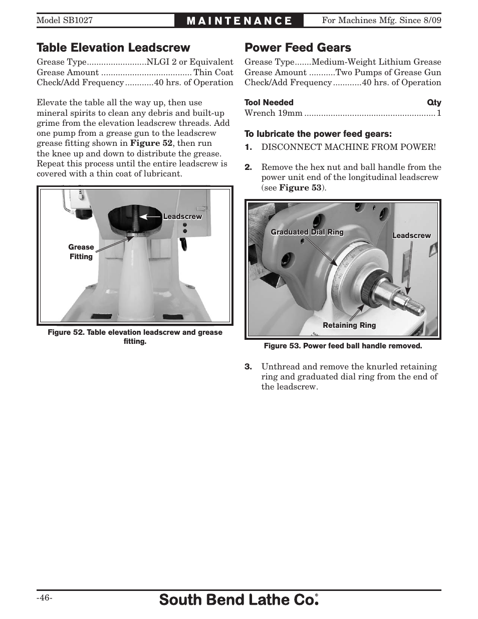 Table elevation leadscrew, Power feed gears | Southbend South Bend SB1027 User Manual | Page 48 / 84