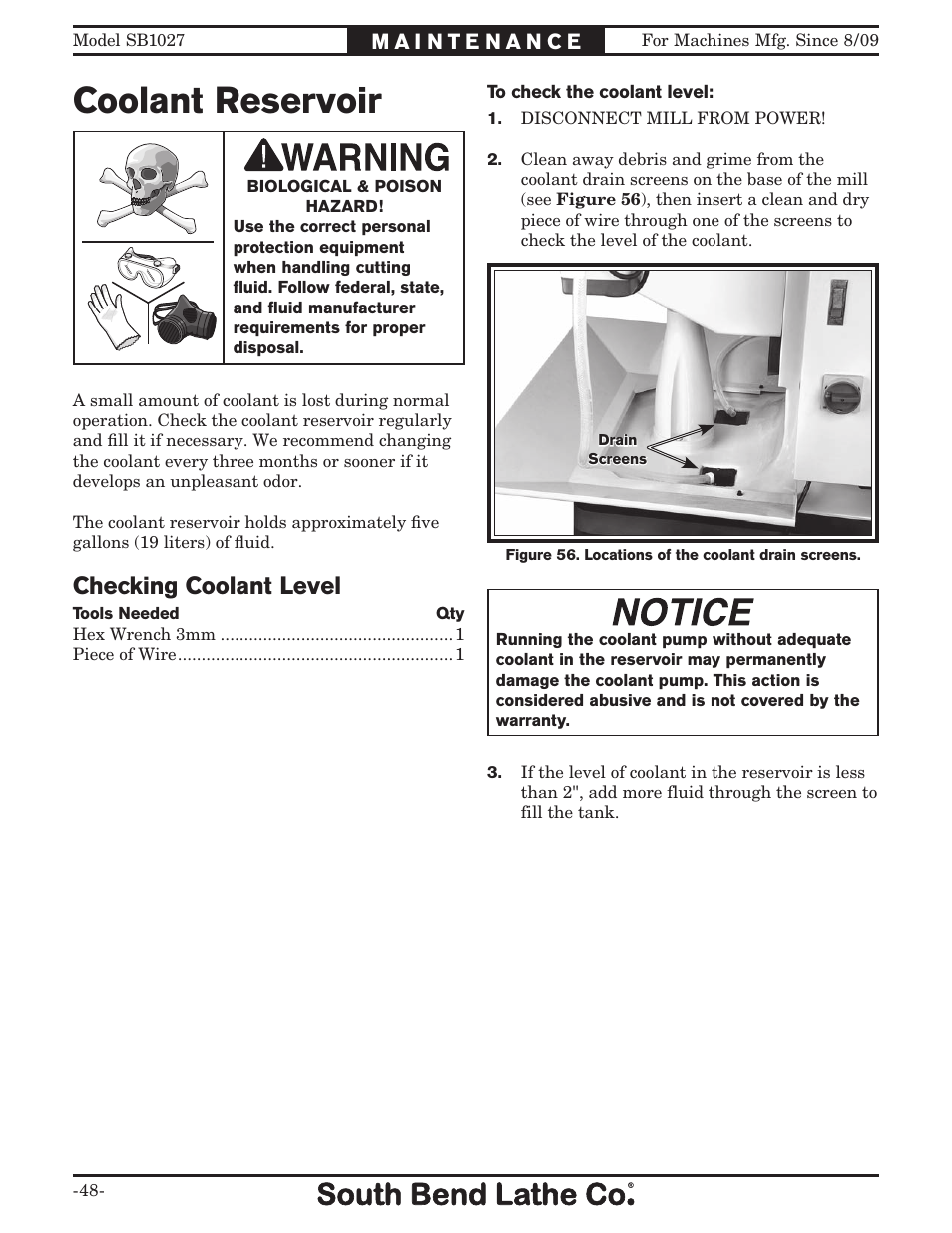 Coolant reservoir, Checking coolant level | Southbend South Bend SB1027 User Manual | Page 50 / 84