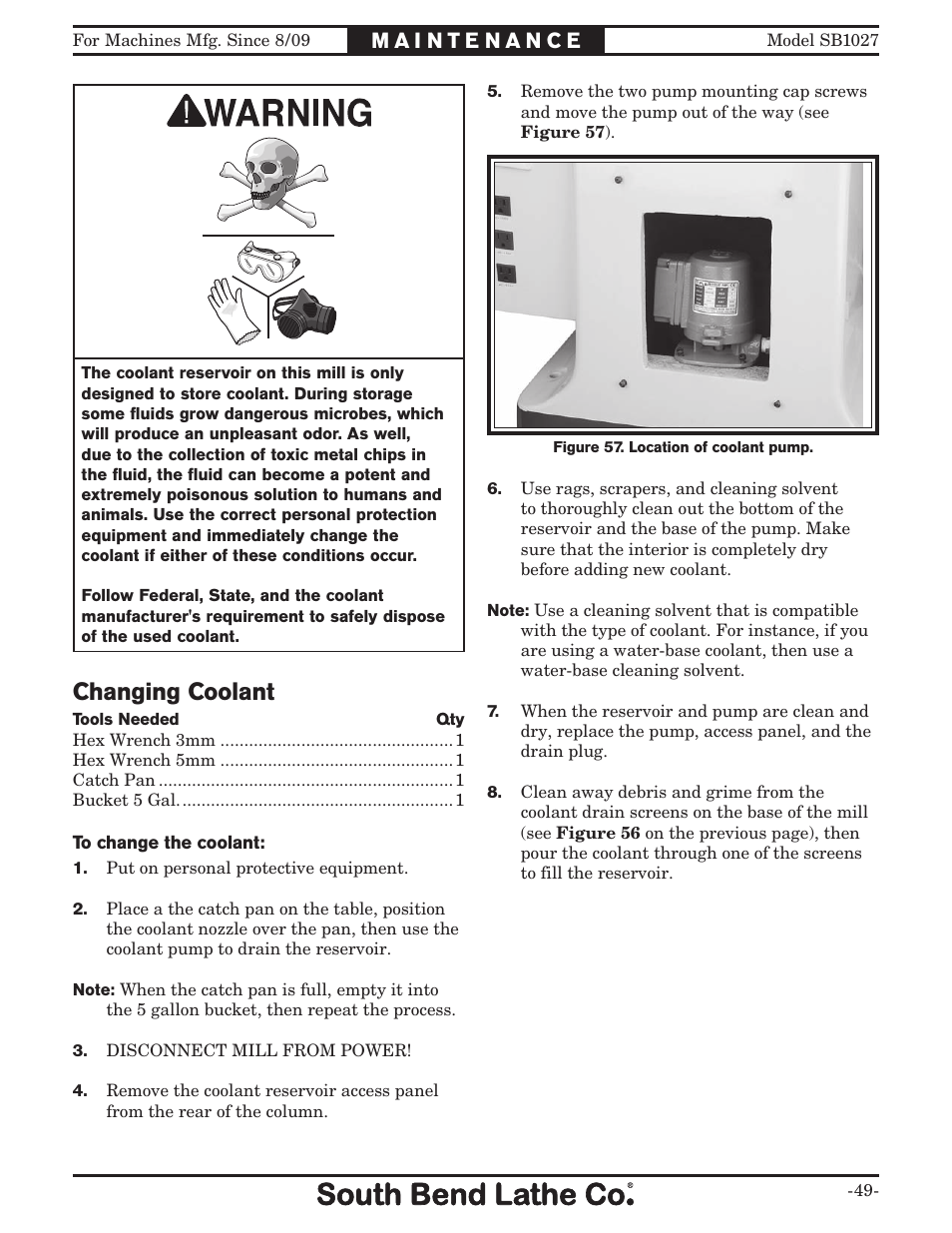 Changing coolant | Southbend South Bend SB1027 User Manual | Page 51 / 84