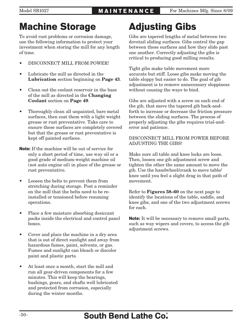 Adjusting gibs, Machine storage | Southbend South Bend SB1027 User Manual | Page 52 / 84