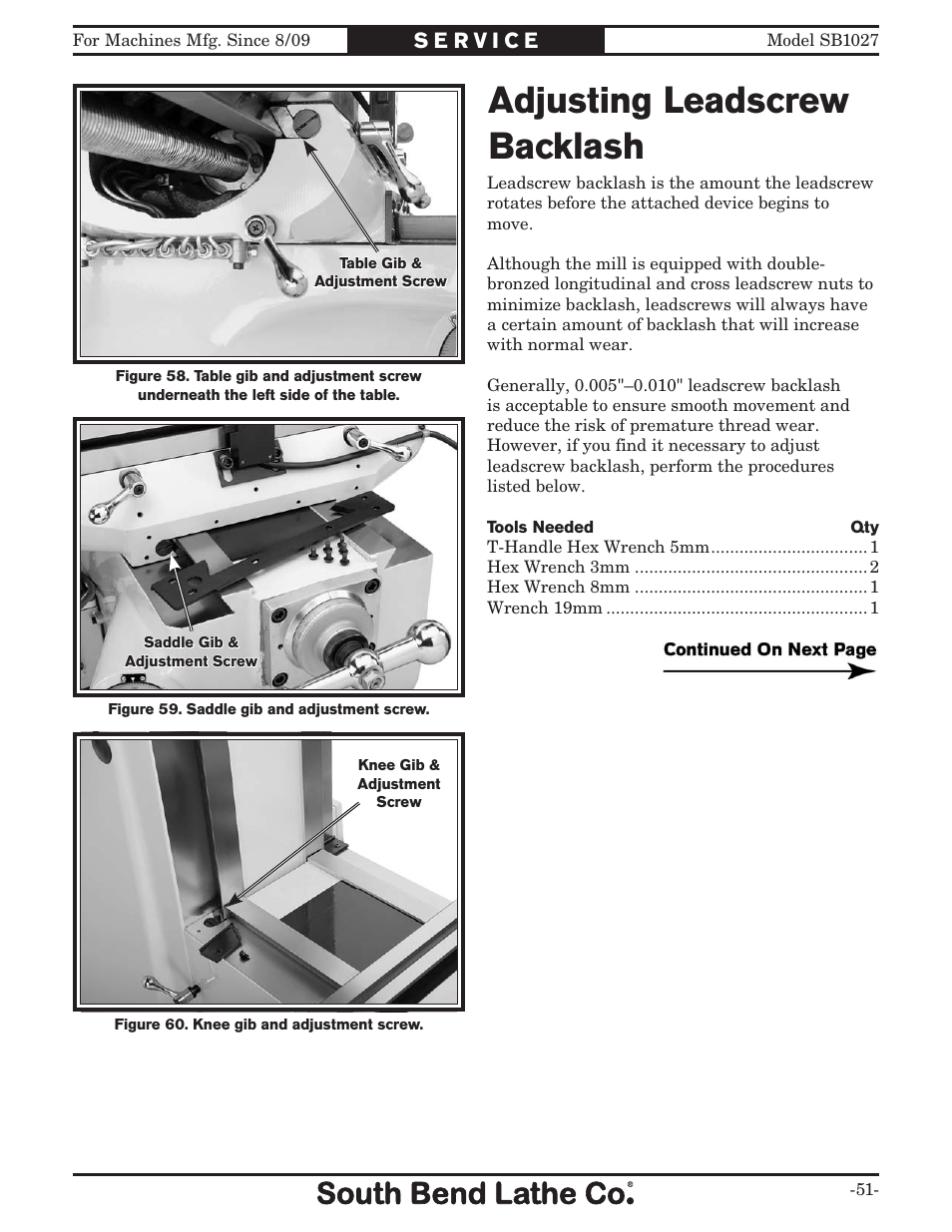 Adjusting leadscrew backlash | Southbend South Bend SB1027 User Manual | Page 53 / 84